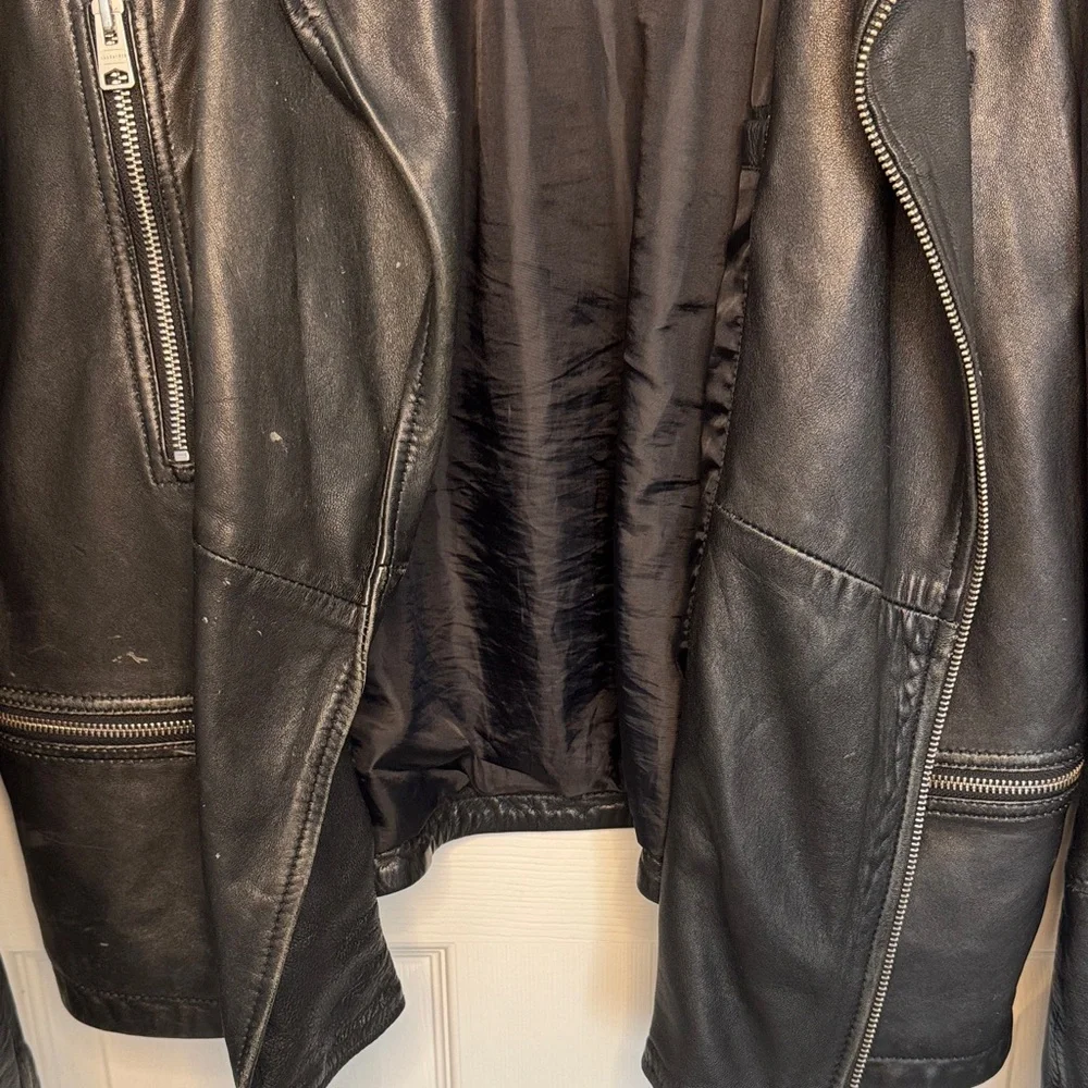 All Saints Mens Black Leather Biker Jacket with Quilted Shoulders